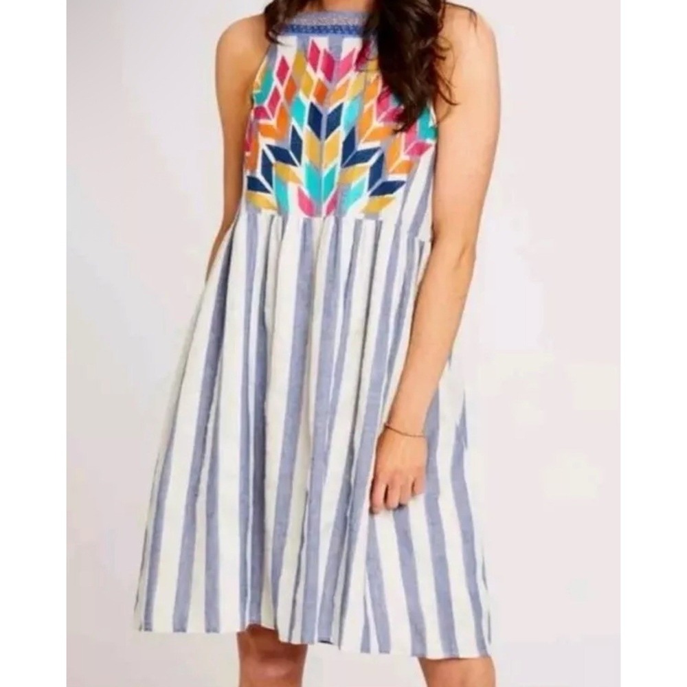 THML Anthropologie Dress Medium Embroidered Blue White Stripe Sleeveless